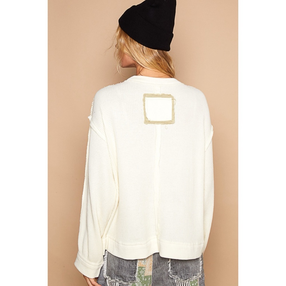 POL Cream Waffle Knit Pullover | Vintage Wash Peace Patch Long Sleeve Top - Picture 7 of 9